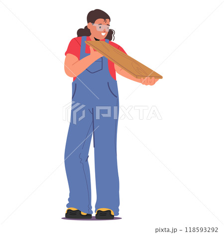 Skilled Woman Carpenter In Overalls Carefully Examines Wooden Plank For Her Carpentry Project, Cartoon Illustration Skilled Woman Carpenter In Overalls Carefully Examines Wooden Plank For Her Carpentry Project, Cartoon Illustration 118593292