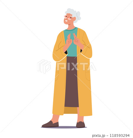 Elderly Woman With Short White Hair, Warm Smile. And Glasses Is Standing With Her Fingers Crossed Expressing Hope 118593294