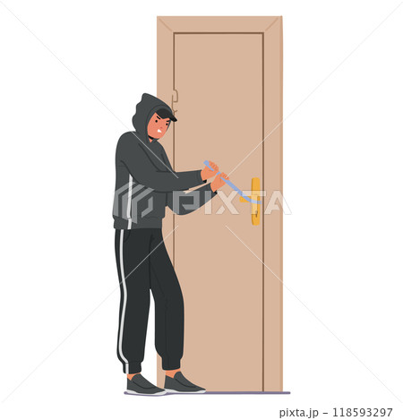 Burglar In A Hoodie Using A Crowbar To Pry Open A Door. Vector Scene Reflects Crime, Danger, Security Concerns Burglar In A Hoodie Using A Crowbar To Pry Open A Door. Vector Scene Reflects Crime, Danger, Security Concerns 118593297
