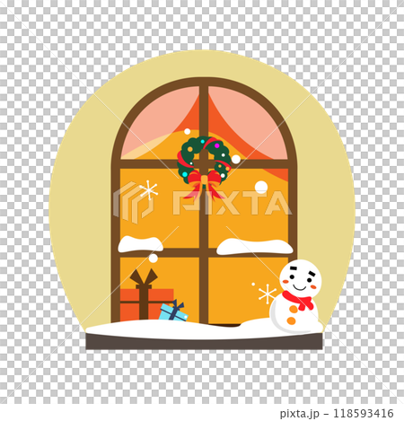 窓の外に雪だるまが飾られている冬のイラスト 118593416