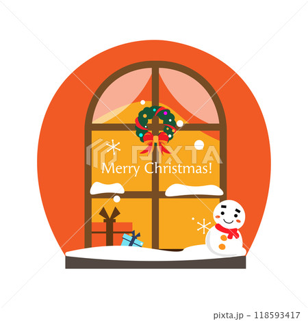 窓の外に雪だるまが飾られているクリスマスのイラスト 118593417