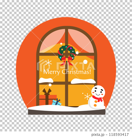 窓の外に雪だるまが飾られているクリスマスのイラスト 118593417