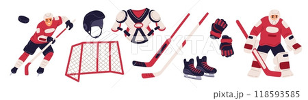 Cartoon ice hockey elements. Sport equipment. Team skate players. Athletic accessories and uniforms. Clubs with puck. Goalkeeper gates. Sportsman helmet and gloves. Garish vector set 118593585