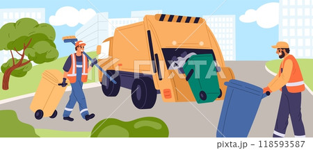 Cleaners load containers into garbage truck. Street cleaning with machine. Scavengers carrying dustbins. Wipers working. Trash removal. Janitors collecting rubbish. Garish vector concept Cleaners load containers into garbage truck. Street cleaning with machine. Scavengers carrying dustbins. Wipers working. Trash removal. Janitors collecting rubbish. Garish vector concept 118593587