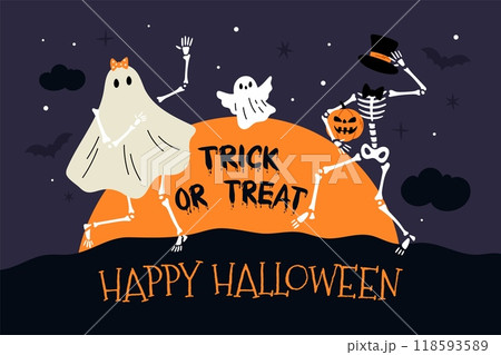 Dancing skeleton poster. Halloween party invitation. Creepy funny ghosts. October holiday. Bones and skull. Scary pumpkin head. Greeting card design. Garish vector trick or treat banner Dancing skeleton poster. Halloween party invitation. Creepy funny ghosts. October holiday. Bones and skull. Scary pumpkin head. Greeting card design. Garish vector trick or treat banner 118593589