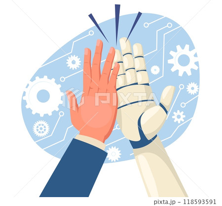 Human collaboration with artificial intelligence. Cartoon bionic hand gives five to human limb. Robot and people cooperation. Android and businessman working together. Vector concept Human collaboration with artificial intelligence. Cartoon bionic hand gives five to human limb. Robot and people cooperation. Android and businessman working together. Vector concept 118593591