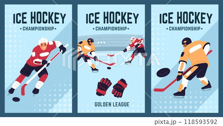 Ice hockey players cards. Sport games championship invitation. Professional athletes in uniform with clubs and pucks. Sportsman skating at rink. Goalkeepers gate. Garish vector set Ice hockey players cards. Sport games championship invitation. Professional athletes in uniform with clubs and pucks. Sportsman skating at rink. Goalkeepers gate. Garish vector set 118593592