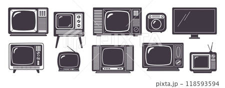 Old TV silhouettes. Black and white flat vintage television icons. Video equipment. Old-fashioned show. Program channels and news broadcast. Obsolete analog displays. Garish vector set 118593594