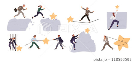 People achieve their goals. Men and women overcoming obstacles. Businessman jumping over precipices. Employee climbing over walls. Entrepreneur conquering career peaks. Garish vector set 118593595