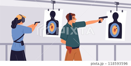 People shoot at targets in shooting range. Marksmanship training. Gunshots sound protection. Shooters with pistols. Snipers competition. Persons aiming with guns. Garish vector concept 118593596