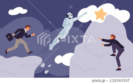 Robot competes with people. Cyborg climbs to mountain top faster humans. Artificial intelligence. AI robotic technology. Android and person reaching to stars. Garish vector concept 118593597
