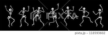 Skeleton dance. Funny Halloween skull and bones. Creepy death characters in dynamic poses. Trick or treat holiday. Corpse dancer. Monster disco party. Skeletal body. Garish vector set 118593602