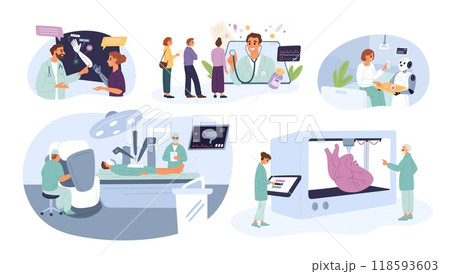 Surgery of future. Modern medical technologies. Futuristic healthcare. 3D organs printing. Remote operation. Online consultation. Innovative medicine. Bionic prosthesis. Garish vector set 118593603