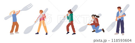 Tiny men and women hold tableware. Happy people with large spoons, forks or knife. Kitchen utensils. Dining cutlery. Persons carrying big silverware. Cartoon characters. Garish vector set 118593604