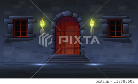 Wooden forged lock door with burning torches. Castle dungeon. Stone wall. Window and porch. Ancient doorway. Fortress entry. Old lamp flames. Gloomy medieval interior. Vector background 118593605
