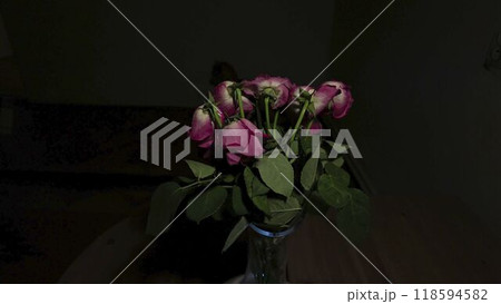 Blossoming bouquet of roses on dark background. Roses on black background. Noir vibe 118594582