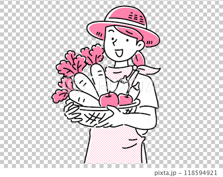 A young woman wearing a straw hat and apron rejoicing after harvesting vegetables A young woman wearing a straw hat and apron rejoicing after harvesting vegetables 118594921