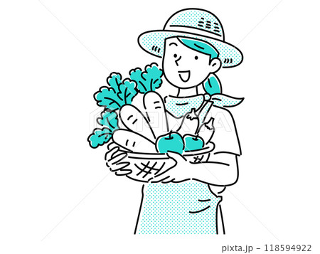 野菜を収穫して喜ぶ麦わら帽子とエプロンを身に着けた若い女性 118594922