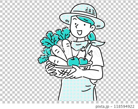 野菜を収穫して喜ぶ麦わら帽子とエプロンを身に着けた若い女性 118594922