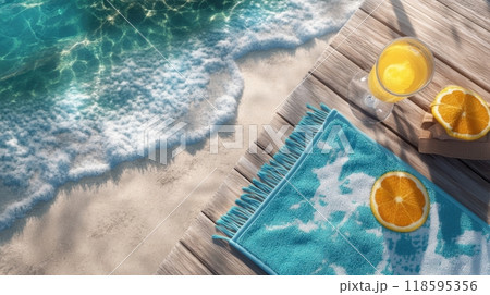 A beach scene with a blue towel and two oranges on a table 118595356