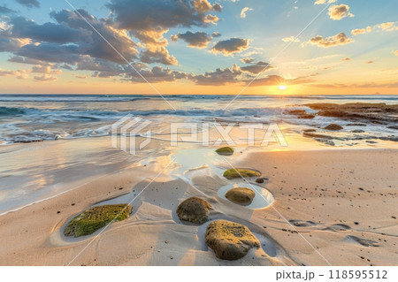Golden sunset over vibrant sandy beach with waves 118595512