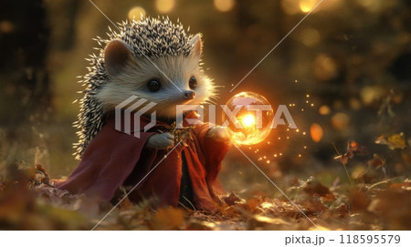 A small hedgehog is holding a glowing orb in its paws 118595579