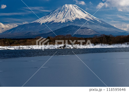 冬の精進湖湖畔から見る富士山 冬の精進湖湖畔から見る富士山 118595646