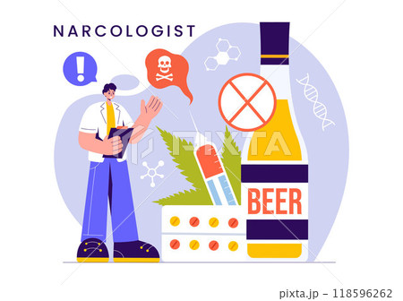 Narcologist Vector Illustration Featuring a Doctor, Drug Addiction Awareness, and Alcohol and Tobacco Issues in Healthcare in a Flat Background 118596262