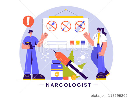 Narcologist Vector Illustration Featuring a Doctor, Drug Addiction Awareness, and Alcohol and Tobacco Issues in Healthcare in a Flat Background Narcologist Vector Illustration Featuring a Doctor, Drug Addiction Awareness, and Alcohol and Tobacco Issues in Healthcare in a Flat Background 118596263