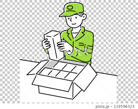 段ボールに荷物をいれる作業員の男性 段ボールに荷物をいれる作業員の男性 118596323