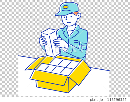 段ボールに荷物をいれる作業員の男性 118596325