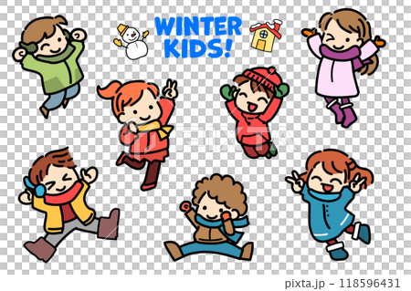 Children jumping winter snow 118596431