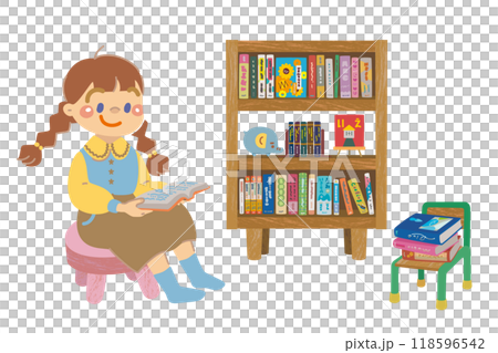 一個女孩讀書和一個書架的插圖 118596542