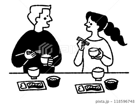 楽しそうに和風朝食を食べている男女_2 118596748