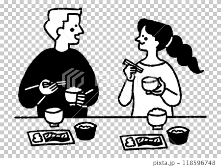 楽しそうに和風朝食を食べている男女_2 118596748