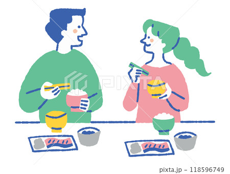 楽しそうに和風朝食を食べている男女_色 118596749