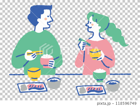 楽しそうに和風朝食を食べている男女_色 118596749