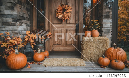 Autumnal Front Porch with Pumpkins and Hay Bales 118597038
