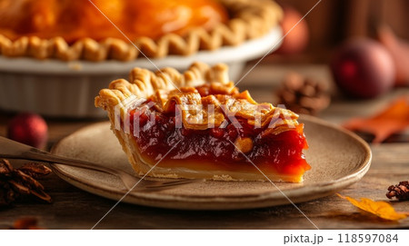 A Single Slice of Homemade Pie with a Flaky Crust and Red Filling 118597084