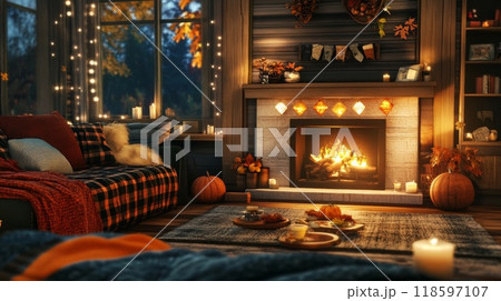 Cozy Autumn Evening by the Fireplace with a Warm Glow Cozy Autumn Evening by the Fireplace with a Warm Glow 118597107