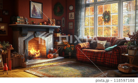 Cozy Autumn Living Room with Fireplace and Window View Cozy Autumn Living Room with Fireplace and Window View 118597108