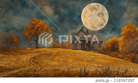 A Rustic House Under a Full Moon in Autumnのイラスト素材 [118597297] - PIXTA