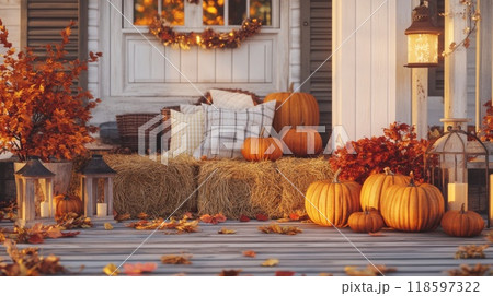 Fall Porch Decor with Pumpkins, Hay Bales, and Lanterns 118597322