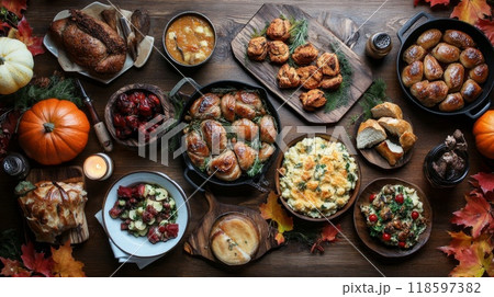 A Festive Thanksgiving Table Setting with Various Dishes 118597382