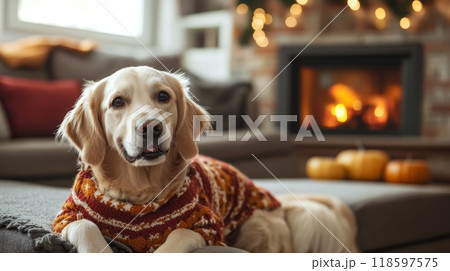 Golden Retriever Dog Wearing a Sweater in Front of a Fireplace Golden Retriever Dog Wearing a Sweater in Front of a Fireplace 118597575