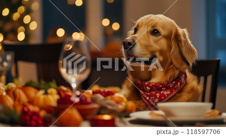 Golden Retriever Dog at a Festive Dinner Table 118597706