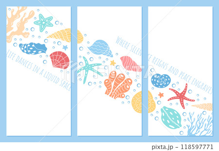 A peaceful underwater design set with sea creatures like colorful coral and seashells. Vivid marine life within a tranquil sea and ocean environment, showcasing aquatic diversity. A peaceful underwater design set with sea creatures like colorful coral and seashells. Vivid marine life within a tranquil sea and ocean environment, showcasing aquatic diversity. 118597771