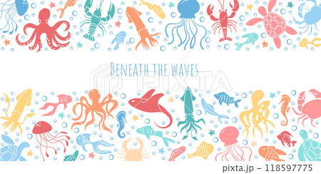 Colorful underwater marine life banner design featuring various sea creatures in a playful ocean theme. Water bubbles, reef animals, and vibrant elements fill the scene for graphic template. 118597775