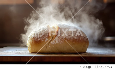 Steaming Loaf of Bread on Wooden Cutting Board 118597793