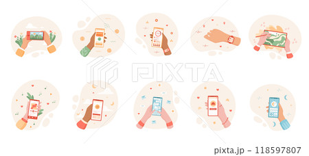 Set of user holding smartphone in hand, touching app on phone screen. Engaging with media content online, sharing video features, and exploring design. Concept of technology, and social media Set of user holding smartphone in hand, touching app on phone screen. Engaging with media content online, sharing video features, and exploring design. Concept of technology, and social media 118597807